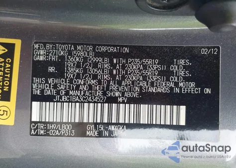 2012 Lexus Rx 450H из США, поврежденный, VIN JTJBC1BA3C2434527